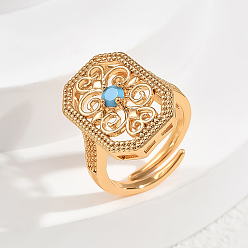 Синий Латунные микропаве кубические цирконии геометрические полые регулируемые кольца для женщин, восьмиугольник с цветочным узором, золотые, синие, 20x14 мм, внутренний диаметр: регулируемый