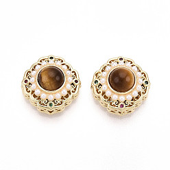 Настоящее золото 18K Латунные разноцветные кубические цирконии и ромбовидные бусины из натурального тигрового глаза, с белым АБС-пластиком, имитация жемчуга, реальный 18 k позолоченный, 14x14x8 мм, отверстие : 1.2 мм