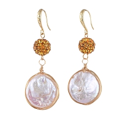 Topaz Natural Baroque Pearl Keshi Pearl Dangle Earrings, with Polymer Clay Rhinestone Beads, Copper Wire, Real 18K Gold Plated Brass Earring Hooks and Cardboard Packing Box, Topaz, 53~56mm, Pin: 0.8mm
