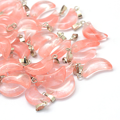 Cherry Quartz Glass Moon Cherry Quartz Glass Pendants, with Platinum Tone Brass Findings, 21~24x12~14x5~6mm, Hole: 2x7mm