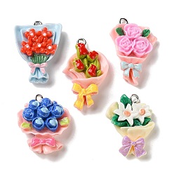 (52) Непрозрачная лаванда Непрозрачные подвески смолы, букет с подвеской-бантом, с железной платиной петлей, разноцветные, 24~31x9~20.5x7~8.5 мм, отверстие : 2 мм