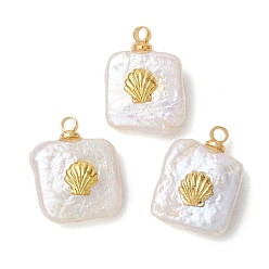 Золотой Подвески из натурального барочного жемчуга кеши, квадратные подвески с латунной пластинкой в форме ракушки, белые, золотые, 14.5~15x11x4.5~5 мм, отверстие : 1.6 мм