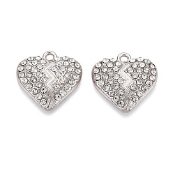 Платина Подвески из сплава и страза, разбитое сердце, без свинца и без кадмия, платина, 21x21x4 мм, отверстие : 2 мм