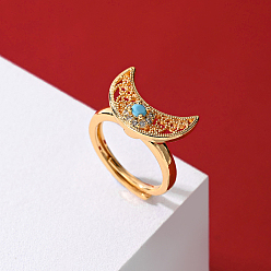 Бирюза Кольца для женщин с латунным паве из кубического циркония, луна, бирюзовые, внутренний диаметр: 17 мм