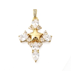 Прозрачный Латунные микро проложить кубического циркония подвески, пересечь звездочкой, долговечный, без кадмия и без свинца, стойки покрытие, реальный 18 k позолоченный, прозрачные, 40.5x28.5x5 мм, отверстие : 5.5x3 мм
