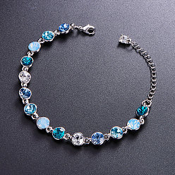 Platinum SHEGRACE Glittering Brass Bracelet, with Aquamarine Round Austrian Crystal for Women, Platinum, 160x7mm