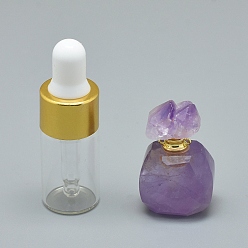 Amethyst Natural Lavender Amethyst Openable Perfume Bottle Pendants, with Brass Findings and Glass Essential Oil Bottles, 30~36x18~20x9.5~16mm, Hole: 0.8mm, Glass Bottle Capacity: 3ml(0.101 fl. oz), Gemstone Capacity: 1ml(0.03 fl. oz)