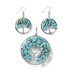 Говлит Комплекты ювелирных изделий из латуни, большие подвески и подвесные серьги, с окрашенным и нагретым натуральным говлитом, платина, Кольцо с деревом жизни, 63~67x49~51x1.5~10 мм, отверстие : 4x5 мм, 50~55x28~30x1.5~8 мм, штифты : 0.8 мм