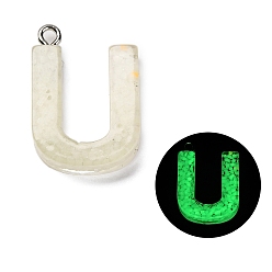 Letter U Светящиеся подвески смолы, светится в темноте, с платиновым покрытием петли, буквы, Буква U, 23.5x16.5x5 мм, отверстие : 1.8 мм