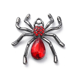 Черный Цвет Металла Готическая стойка подвески из сплава с покрытием, с красными стразами, паук, металлический черный , 30x29x6 мм, отверстие : 1.8 мм