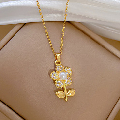 Золотой Цветок 304 ожерелья с подвесками из нержавеющей стали с микропаве из прозрачных кубических цирконий и пластиковым жемчугом, белые, золотые, 15.75 дюйм (40 см)