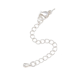 Silver Brass Curb Chain Extender, End Chains with Lobster Claw Clasps and Teardrop Charms, Rack Plating, Lead Free & Cadmium Free, Long-Lasting Plated, Silver, 69mm, Teardrop: 6x3mm