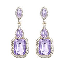 Лиловый Латунные горный хрусталь болтаться серьги, со стеклом, прямоугольные, золотые, сирень, 60x23 мм