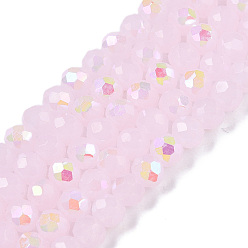 Pink Стеклянные бусины с гальваническим покрытием , имитация нефрита, с половиным покрытием, с покрытием цвета радуги, граненые, рондель, розовые, 4x3 мм, отверстие : 0.4 мм, около 105~110 шт / нитка, 38~39 см