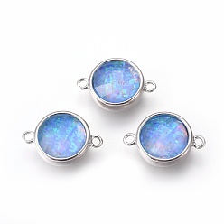 Cornflower Blue Sythetic Opal Links connectors, with Brass Findings, Flat Round, Platinum, Cornflower Blue, 17.5x12x5.5~6mm, Hole: 1.5mm