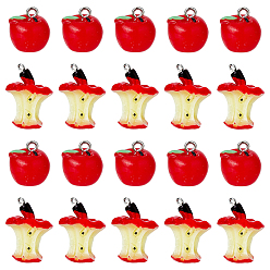 Красный 40 шт 2 стили День учителя подвески из смолы, подвески яблоко и сердцевина яблока, с платиновыми тоновыми железными петлями, красные, 15~32x15~22x12~20 мм, отверстие : 1.8~2 мм, 20 шт / стиль