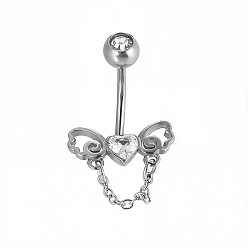 Wing 316l Изогнутые кольца для живота из хирургической нержавеющей стали с прозрачным кубическим цирконием, цвет нержавеющей стали, сердце с крыльями ангела, длина стержня: 3/8"(10мм), штифты : 1.6 мм