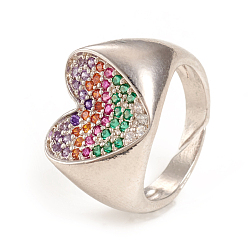 Платина Регулируемые кольца манжеты из латуни с микропаве и кубическим цирконием, открытые кольца, сердце, красочный, платина, Размер 7, внутренний диаметр: 17 мм