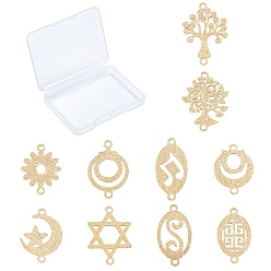 Golden 10Pcs 10 Style 201 Stainless Steel Link Connectors, Textured, Laser Cut, Moon & Flower & Oval & Hexagram & Tree of Life & Star, Golden, 1pcs/style