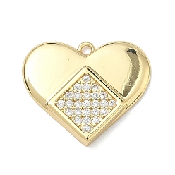 Настоящее золото 18K Латунные микропаве прозрачные подвески с фианитом, сердце прелести, без кадмия и без свинца, долговечный, стойки покрытие, реальный 18 k позолоченный, 18x21x3 мм, отверстие : 1.5 мм