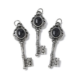 (946F)Морозный цвет внутри  Жонкиль / Непрозрачная зеленая подкладка Ключ латунный натуральный черный агат большие подвески, с целью перехода в кольце, античное серебро, 55.5x16.5x5~6.5 мм, отверстие : 4.5 мм