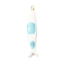 Cyan Brass with Enamel Big Pendants, Fish Charms, Rack Plating, Long-Lasting Plated, Lead Free & Cadmium Free, Real 18K Gold Plated, Cyan, 59x12x3.5mm, Hole: 4mm