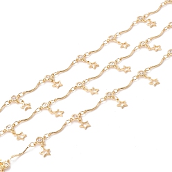 Golden Handmade Brass Link Chains, Bar and Flat Round with Cubic Zirconia, with Star Charm, Long-Lasting Plated, Soldered, with Spool, Lead Free & Cadmium Free, Golden, Link: 13x2x1mm, 6.5x8.5x2mm