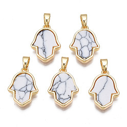 Türkis Echte 18 k vergoldete Messinganhänger, mit synthetischen Edelstein-Cabochons, Cadmiumfrei und Nickel frei und Bleifrei, Hamsa Hand / Hand von Miriam, buddhistisches Thema, Türkis, 17x12x3 mm, Bohrung: 2.5x5 mm