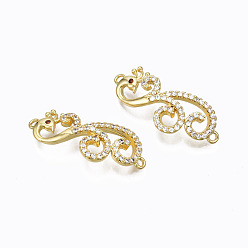 Real 16K Gold Plated Brass Micro Pave Cubic Zirconia Links Connectors, Nickel Free, Phoenix, Clear & Brown, Real 16K Gold Plated, 10x26x5mm, Hole: 1.2mm