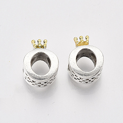 Antique Silver Alloy European Beads, with Light Yellow Enamel, Large Hole Beads, Crown, Antique Silver, 14.5x10.5x7mm, Hole: 4.5mm