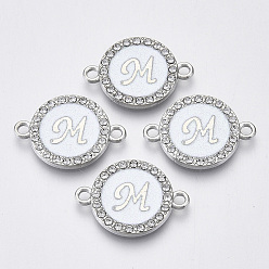 Letter M Verbindungsstücke aus Aluminium, mit Kristall Strass, flach rund mit Brief, Silberfarbe überzogen, letter.m, 22x16x2 mm, Bohrung: 1.8 mm