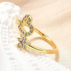 Настоящее золото 18K Латунные кольца-манжеты с микропаве и прозрачным цирконием для женщин, без кадмия, без никеля и без свинца, Сердце & цветок, реальный 18 k позолоченный, внутренний диаметр: американский размер 9 3/4 (19.5 мм)