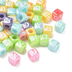 Mixed Color Plating Opaque Acrylic Beads, Iridescent, Cube with Letter, Mixed Color, 6x6x6mm, Hole: 3.5mm