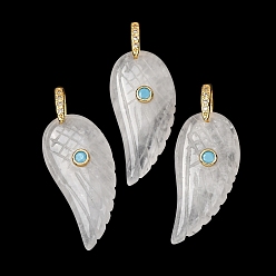 Quartz Crystal Natural Quartz Crystal Pendants, Feather, Golden, 36.5~37x17x8~9mm, Hole: 6x6.5mm
