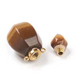 Tiger Eye Faceted Natural Tiger Eye Pendants, Openable Perfume Bottle, with Golden Tone Brass Findings, 32~33x17~18x16mm, Hole: 2mm, capacity: 1ml(0.03 fl. oz)
