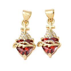 Красный Латунные микро проложить кубического циркония подвески, стойки покрытие, долговечный, без свинца и без кадмия, шарма сердца, реальный 18 k позолоченный, красные, 20x10x6 мм, отверстие : 4.5x3.5 мм