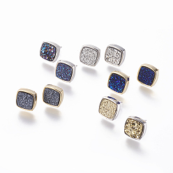 (52) Непрозрачная лаванда Латунь серьги, с друзу смолой кабошон, с уха орехов, квадратный, разноцветные, 15x15x4~6 мм, штифт: 0.8 мм, длина стороны: 12.5 мм