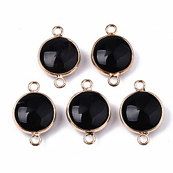 Black Agate Natural Black Agate Links Connectors, with Light Gold Plated Brass Findings, Flat Round, Dyed & Heated, Black, 23~25.5x15~17.5x4~7mm, Hole: 2mm