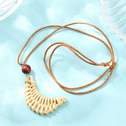 Moon Boho Woven Rattan Pendant Long Necklaces, Adjustable Wax Cord Necklaces with Wood Beads, PapayaWhip, Moon, 13.39~26.77 inch(34~68cm)