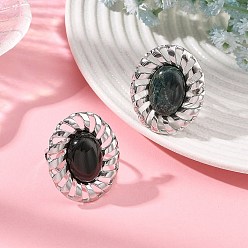 Смешанные камни 2шт. регулируемые овальные кольца-манжеты из натурального агата и обсидиана, 304 кольца из нержавеющей стали, цвет нержавеющей стали, 17 мм, 2 стили, 1 шт / стиль