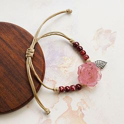 Ярко-Розовый Керамические круглые бусины плетеные бусины браслеты, регулируемые браслеты из нейлонового шнура для женщин, с акриловым цветок, ярко-розовый, 4~9-7/8 дюйм (10~25 см)