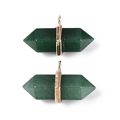 Зеленый Авантюрин Натуральные зеленые авантюриновые двойные заостренные подвески, граненые подвески в форме пули с фурнитурой из сплава, золотые, 20~21x34.5~36x17~18 мм, отверстие : 3 мм
