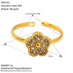Fleur 304 Manchette ouverte en acier inoxydable ornée de strass, or, fleur, 17mm