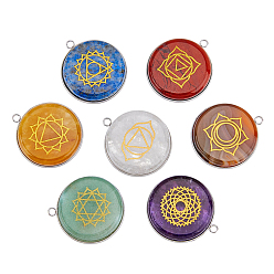 Нержавеющая Сталь Цвет 1 набор 7 стили подвески из смешанных натуральных и синтетических камней, с 304 фурнитурой из нержавеющей стали, плоская круглая подвеска с узором из чакр, смешанные окрашенные и неокрашенные, цвет нержавеющей стали, 30x26.5x6 мм, отверстие : 2 мм, 1 шт / стиль, 7 шт / комплект, 1 набор / коробка