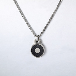 Stainless Steel Color 304 Stainless Steel Flat Round Pendant Necklaces for Unisex, Black, Stainless Steel Color, 23.62 inch(60cm)