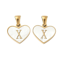 Letter X 304 сердце из натуральной белой ракушки из нержавеющей стали с подвесками в виде инициалов, ионное покрытие (ip), золотые, Письмо X, 14x16x2 мм, отверстие : 4.5x3 мм