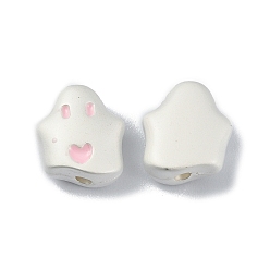 Pink Alloy Enamel Beads, Matte Silver Color, Ghost, Pink, 10x9x4.5mm, Hole: 1.4mm