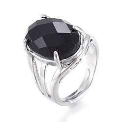 Черный Камень Регулируемые ограненные кольца из синтетического черного камня, с платиновой и латунной фурнитурой, овальные, Размер 8, внутренний диаметр: 18 мм