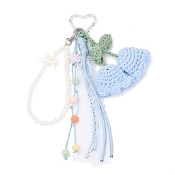 Небесно-голубой Подвеска ручной работы из хлопковой пряжи с ландышами, круглыми бусинами из АБС-пластика и полиэстеровым шнуром, с алюминиевыми застежками-сердечками для ключей, голубой, 245~250 мм