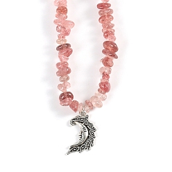 Strawberry Quartz Natural Strawberry Quartz Necklaces, with Alloy Charms, Moon Face, 14.57 inch(37cm)